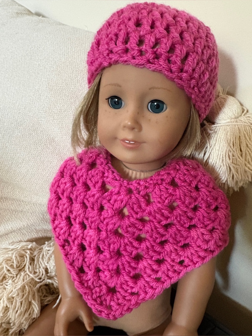 Pink Crochet Doll Hat and Poncho Set - Kids Toys